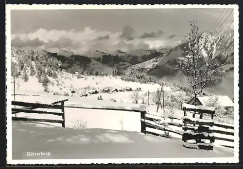 AK Bürserberg, Teilansicht des Ortes im Winter mit verschneiten Berghängen