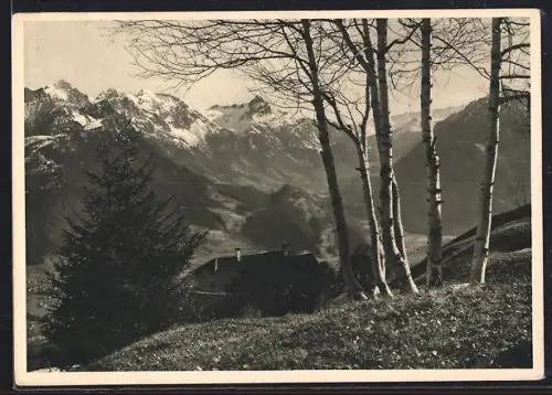 AK Tschengla, Teilansicht vom Berghang aus mit Klostertal