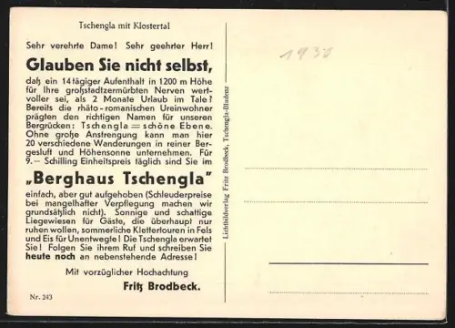 AK Tschengla, Teilansicht vom Berghang aus mit Klostertal