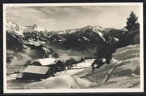 AK Tschengla, Blick in das winterliche Klostertal