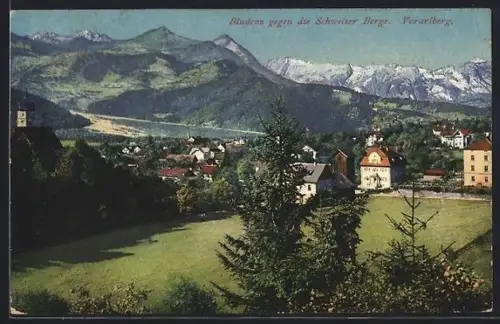 AK Bludenz /Vorarlberg, Ortsansicht gegen die Schweizer Berge