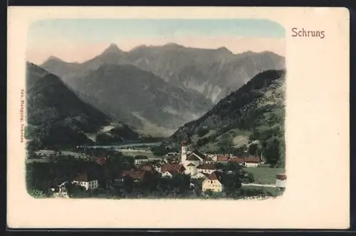 AK Schruns, Ortsansicht aus der Vogelschau