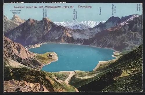 AK Lünersee, Blick zum See mit Douglashütte und Gipfelpanorama