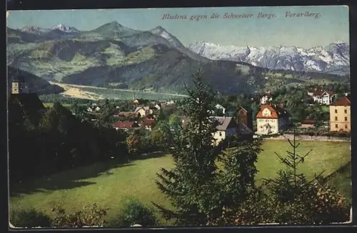 AK Bludenz, Ortsansicht gegen die Schweizer Berge