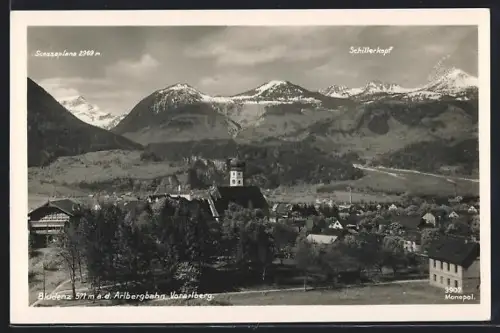 AK Bludenz a. d. Arlbergbahn, Teilansicht mit Kirche, Scesaplana und Schillerkopf