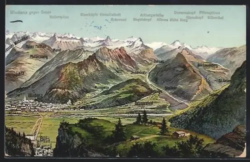 AK Bludenz, Landkarte mit umliegenden Ortschaften und Gipfelpanorama
