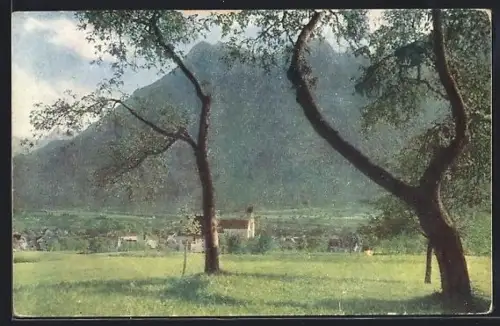 AK Bludenz, Ortsansicht mit Kirche von der Weide aus