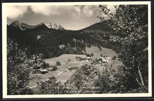 AK Tschengla, Schwabenhaus, Ortsansicht mit Mondspitze