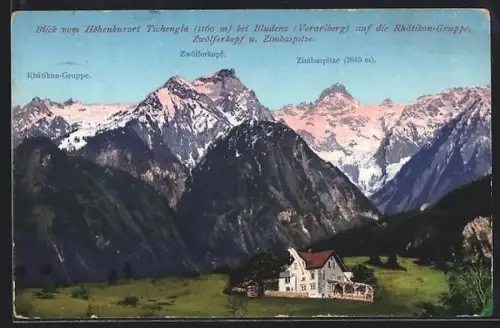 AK Bürserberg, Tschengla, Gasthaus mit Blick auf die Rhätikon-Gruppe