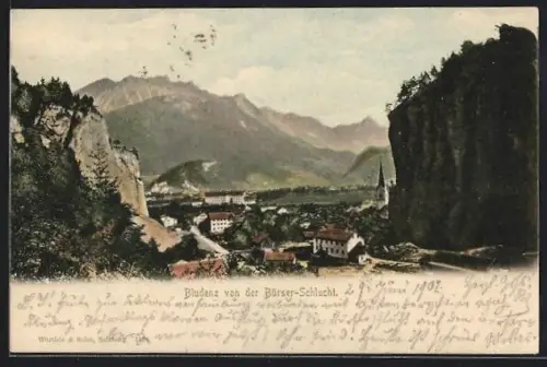 AK Bludenz, Teilansicht mit Kirche von der Bürser-Schlucht