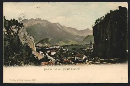 AK Bludenz, Teilansicht mit Kirche von der Bürser-Schlucht
