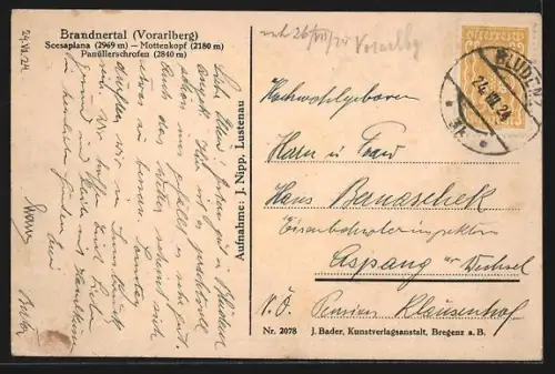 AK Brandnertal /Vorarlberg, Blick in das Tal mit Scesaplana und Mottenkopf