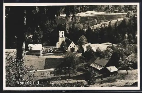 Foto-AK Bürserberg, Teilansicht des Ortes mit Kirche vom Berghang aus