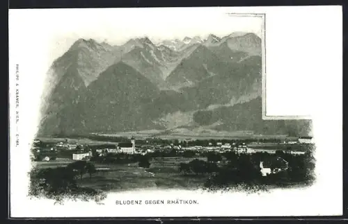 AK Bludenz, Ortsansicht mit Kirche gegen das Rhätikon