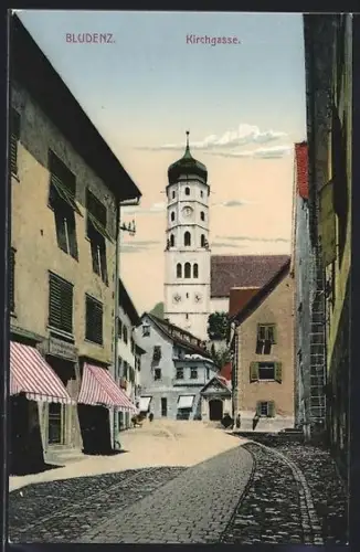 AK Bludenz, Kirchgasse mit Warenhandlung Virgime Wolfer