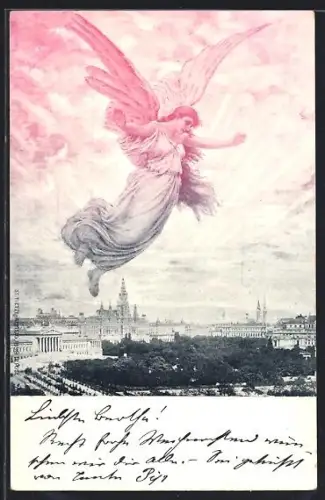 AK Wien, Stadtansicht aus der Vogelschau, Engel mit Segensgestus