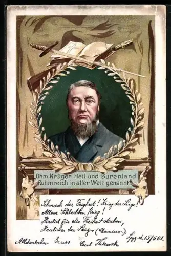 Lithographie Ohm Krüger im Porträt, Ohm Krüger Heil und Burenland Ruhmreich in aller Welt genannt