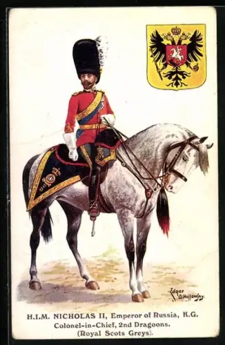 Künstler-AK Nicholas II. of Russia, Colonel-in-Chief, 2nd Dragoons, Coat of Arms