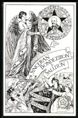 Künstler-AK Engel mit einem Blätterkranz, Sinceran Bondeziron & Saluton Progresu Esperanto