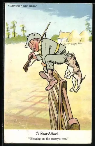 Künstler-AK Hund beisst einem Soldaten in den Hintern, Schutztruppe, A Rear Attack