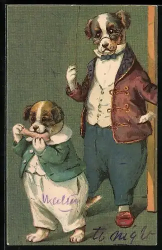 Künstler-AK Hund als Lehrer mit einem kleinen Hund der einen Knochen hält