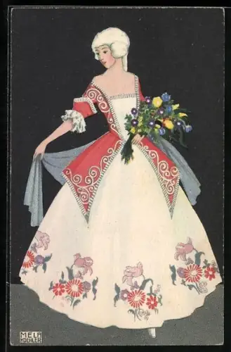 Künstler-AK Mela Köhler: Elegante Dame in blumenverziertem Kleid mit Blumenstrauss