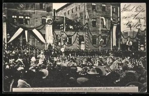 AK Coburg, Empfang des Herzogspaares am Bahnhof zu Coburg 1905