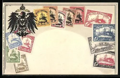 AK Adler, Briefmarken von Deutsch-Südwestafrika, kolonial gelaufen
