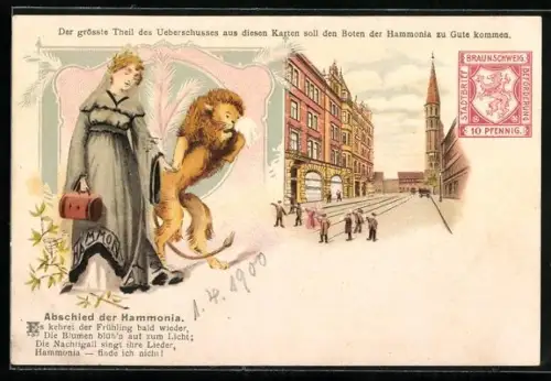 Lithographie Braunschweig, Dame mit einem Löwen, Abschied der Hammonia, Private Stadtpost, Ganzsache