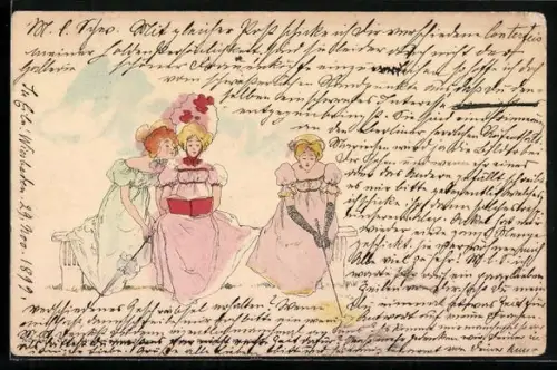 Künstler-AK Theo Stroefer: Drei Damen auf einer Bank sitzend, Jugendstil