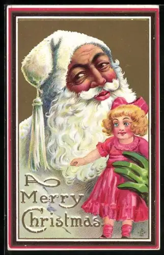 Lithographie A Merry Christmas, Weihnachtsmann mit einer Puppe