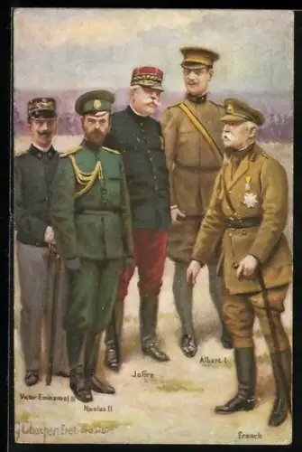 Künstler-AK Victor Emmanuel III. von Italien, Nikolaus II. von Russland in Uniform