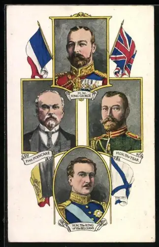 AK Zar Nikolaus II. von Russland, König George V. von England, Präsident Poincaré, König Albert I. von Belgien