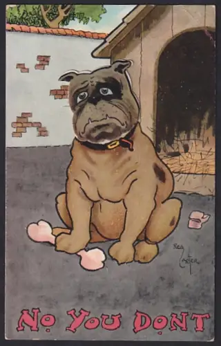 Künstler-AK Reg Carter: mechanische-AK, Hund mit Knochen vor der Hundehütte