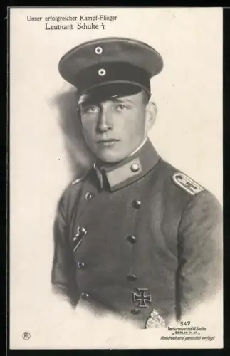 Foto-AK Sanke Nr. 547: Leutnant Schulte in Uniform mit EK I und Flugzeugführerabzeichen
