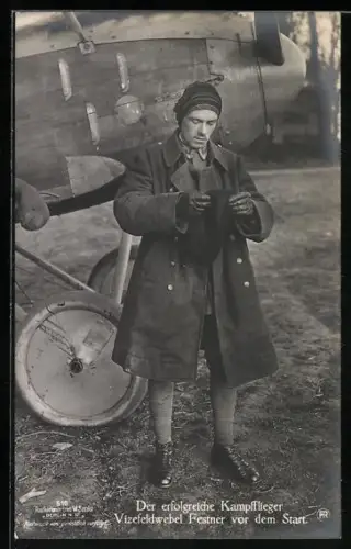 Foto-AK Sanke Nr. 510: Der erfolgreiche Kampfflieger Vizefeldwebel Festner vor dem Start