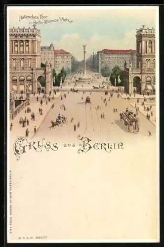 Lithographie Berlin, Hallesches Thor und Belle-Alliance-Platz mit leuchtenden Fenstern, Halt gegen das Licht