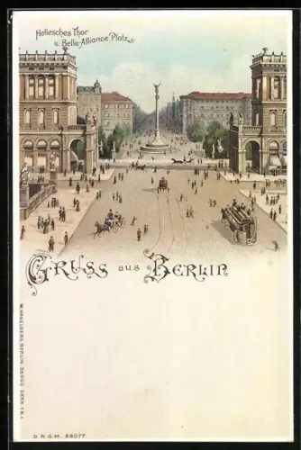 Lithographie Berlin, Hallesches Thor und Belle-Alliance-Platz m. leuchtenden Fenstern, Halt gegen das Licht