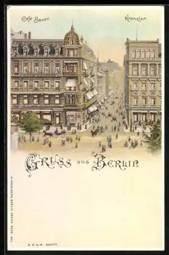 Lithographie Berlin, Cafe Bauer und Kranzler m. beleuchteten Fenstern, Halt gegen das Licht