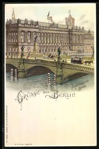 Lithographie Berlin, Friedrichsbrücke und Börse mit leuchtenden Fenstern, Halt gegen das Licht