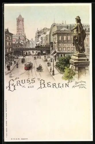 Lithographie Berlin, Berolina am Alexanderplatz mit Strassenbahn, beleuchtete Fenster, Halt gegen das Licht