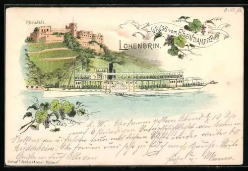 Lithographie Rheindampfer Lohengrun am Rheinfels