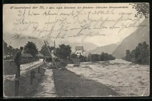 AK Bludenz /Vorarlberg, Hochwasserkatastrophe im Juni 1910, Wasserstand der Ill nach Einsturz der Strassenbrücke
