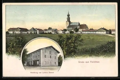 Künstler-AK Eugen Felle: Feichten, Handlung von Lorenz Diener, Panoramablick mit Kirche
