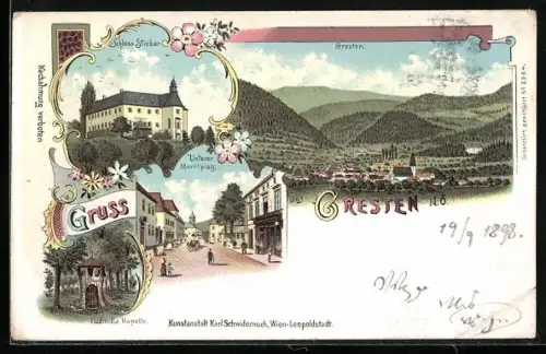 Lithographie Gresten, Schloss Stiebar, Ludmilla Kapelle, Unterer Marktplatz