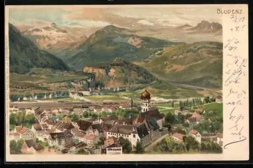 Künstler-AK Edward Theodore Compton: Bludenz, Panoramablick auf Ort und Gebirge
