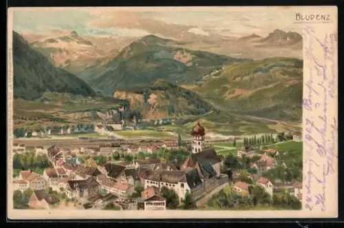 Künstler-AK Edward Theodore Compton: Bludenz, Panoramablick auf Ort und Gebirge