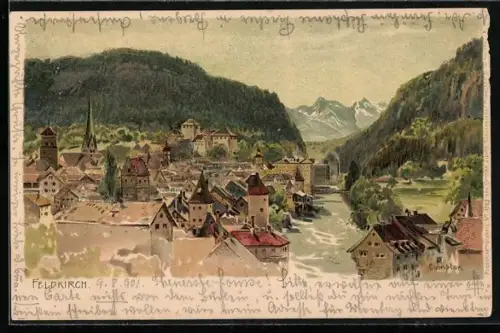 Künstler-Lithographie Edward Harrison Compton: Feldkirch, Panorama