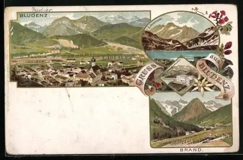 Lithographie Bludenz, Ortsansicht von oben, Lünersee, Brand, Blumen