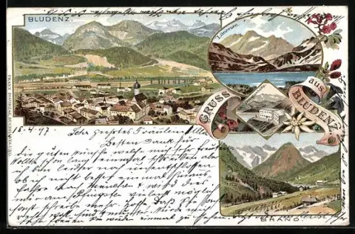 Lithographie Bludenz, Ortsansicht von oben, Lünersee, Brand, Blumen